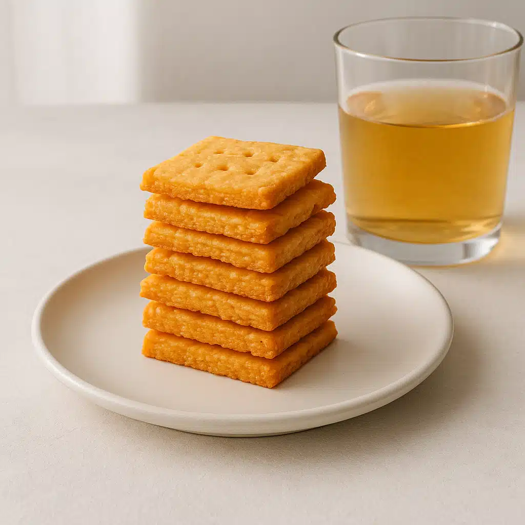 Stack of homemade cheese crackers on a white plate next to a glass of beverage, casual snacking setting, clean and minimal styling, natural daylight