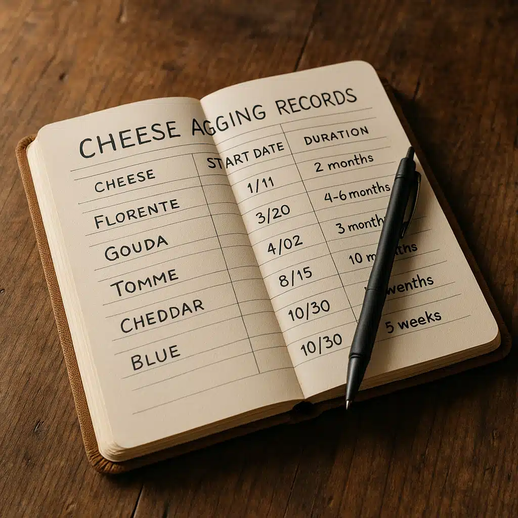 Hardcover notebook with handwritten cheese aging records, pen resting on open pages, rustic wooden table surface, artisan craftsmanship aesthetic, warm natural lighting
