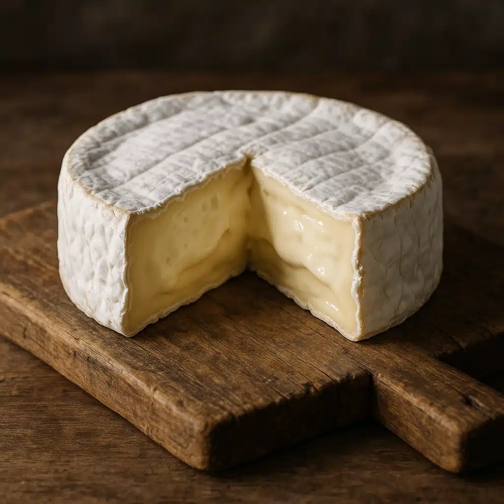 Round wheel of soft white bloomy rind cheese cut open showing creamy interior, placed on wooden aging board, rustic and artisanal presentation, soft diffused lighting
