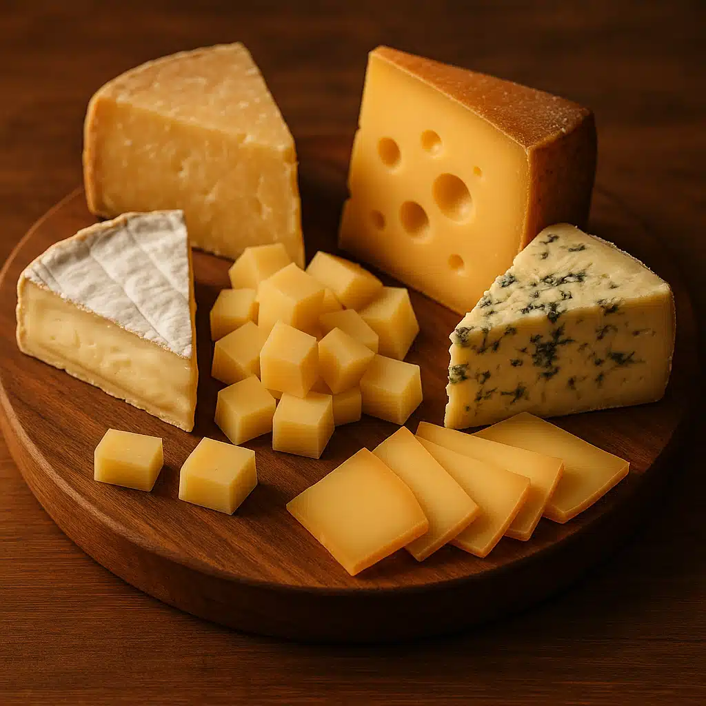 Cheese board showing properly stored cheese brought to room temperature, various textures and types beautifully presented, ready to serve, appetizing composition, warm ambient lighting