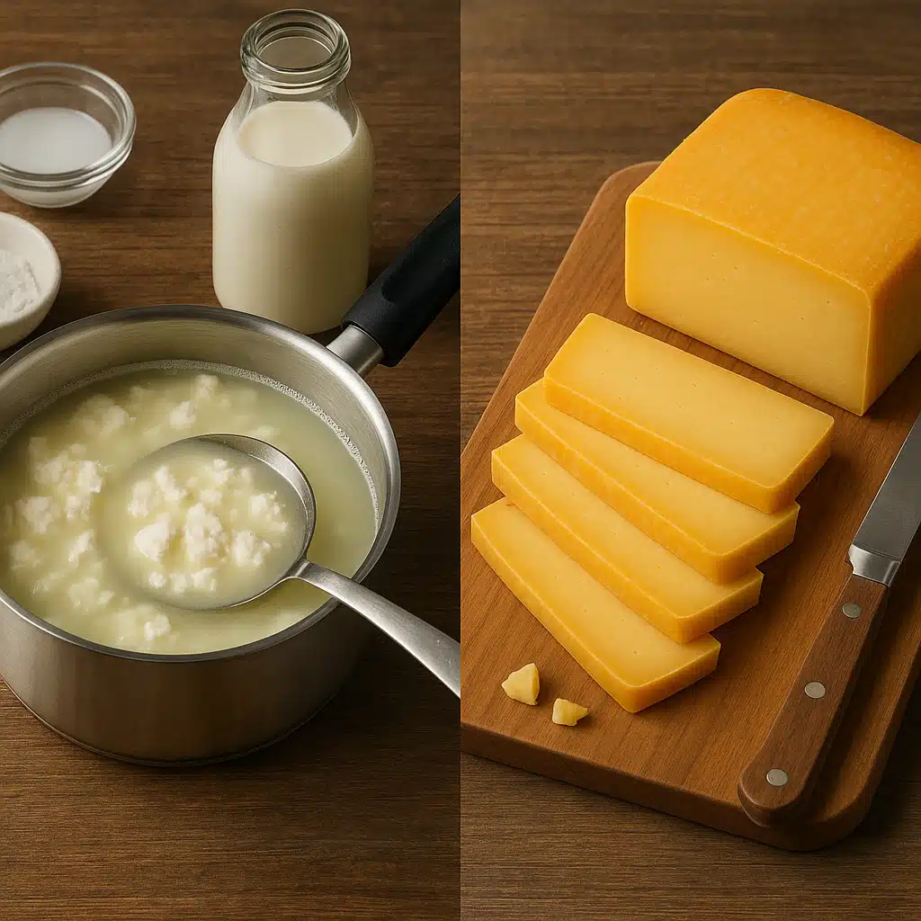 A split composition showing cheese-making process on one side with saucepan and ingredients, and finished product on the other side with sliced golden cheese on cutting board, educational and clear food photography style