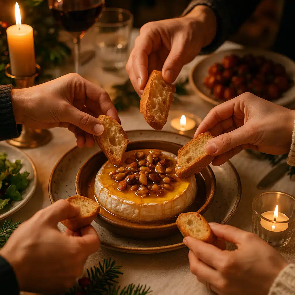 Hands reaching for slices of crusty bread to dip into a beautifully melted baked brie topped with honey and nuts on a festive table, warm candlelight, convivial gathering atmosphere, celebration mood