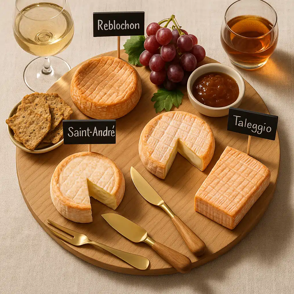 Elegant cheese board presentation with labeled soaked-rind cheeses, seasonal accompaniments, serving utensils, and complementary beverages, sophisticated entertaining photography, natural lighting, overhead perspective