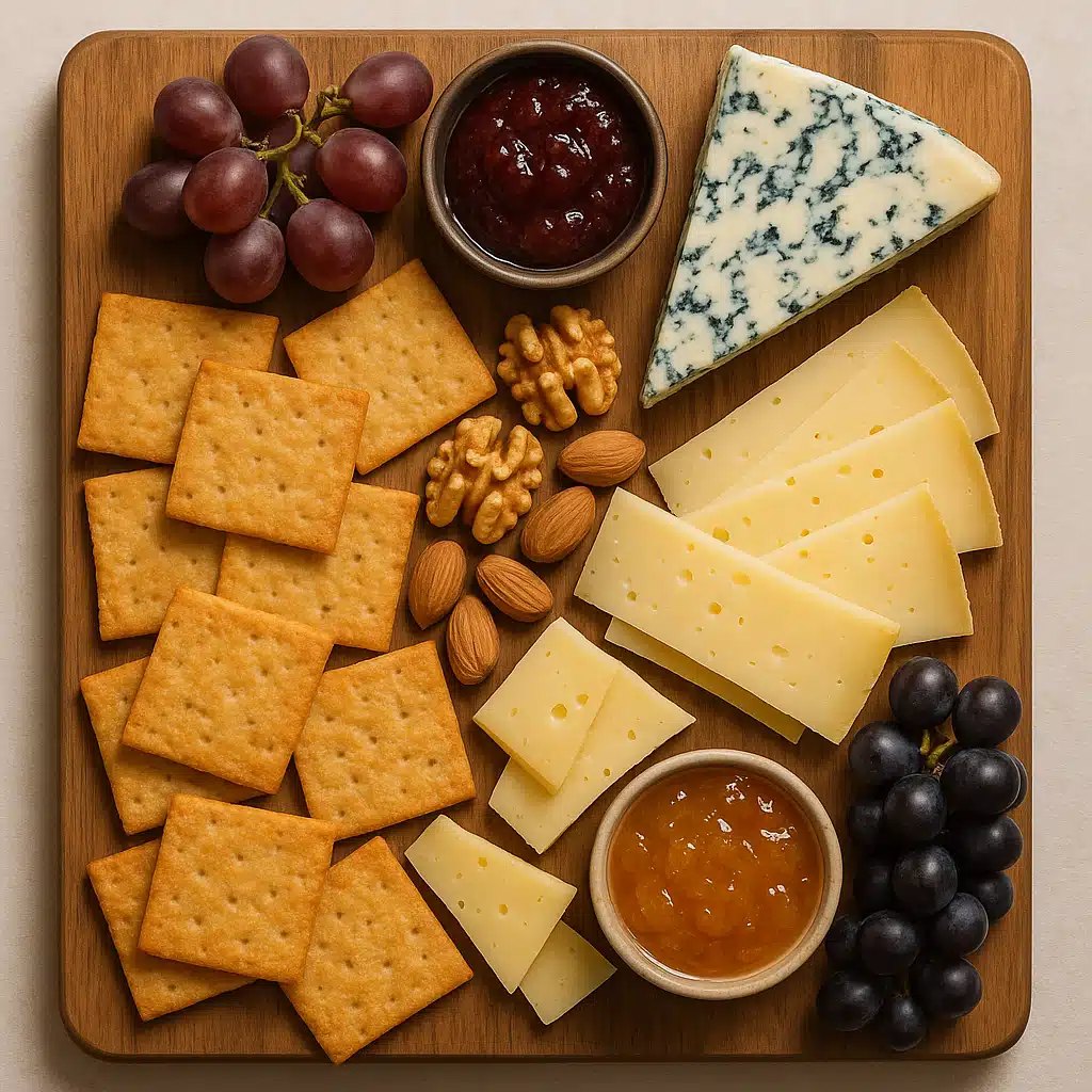 Elegant cheese board arrangement featuring homemade cheese crackers alongside various cheeses, grapes, nuts and small bowls of preserves, overhead view, sophisticated presentation on wooden board
