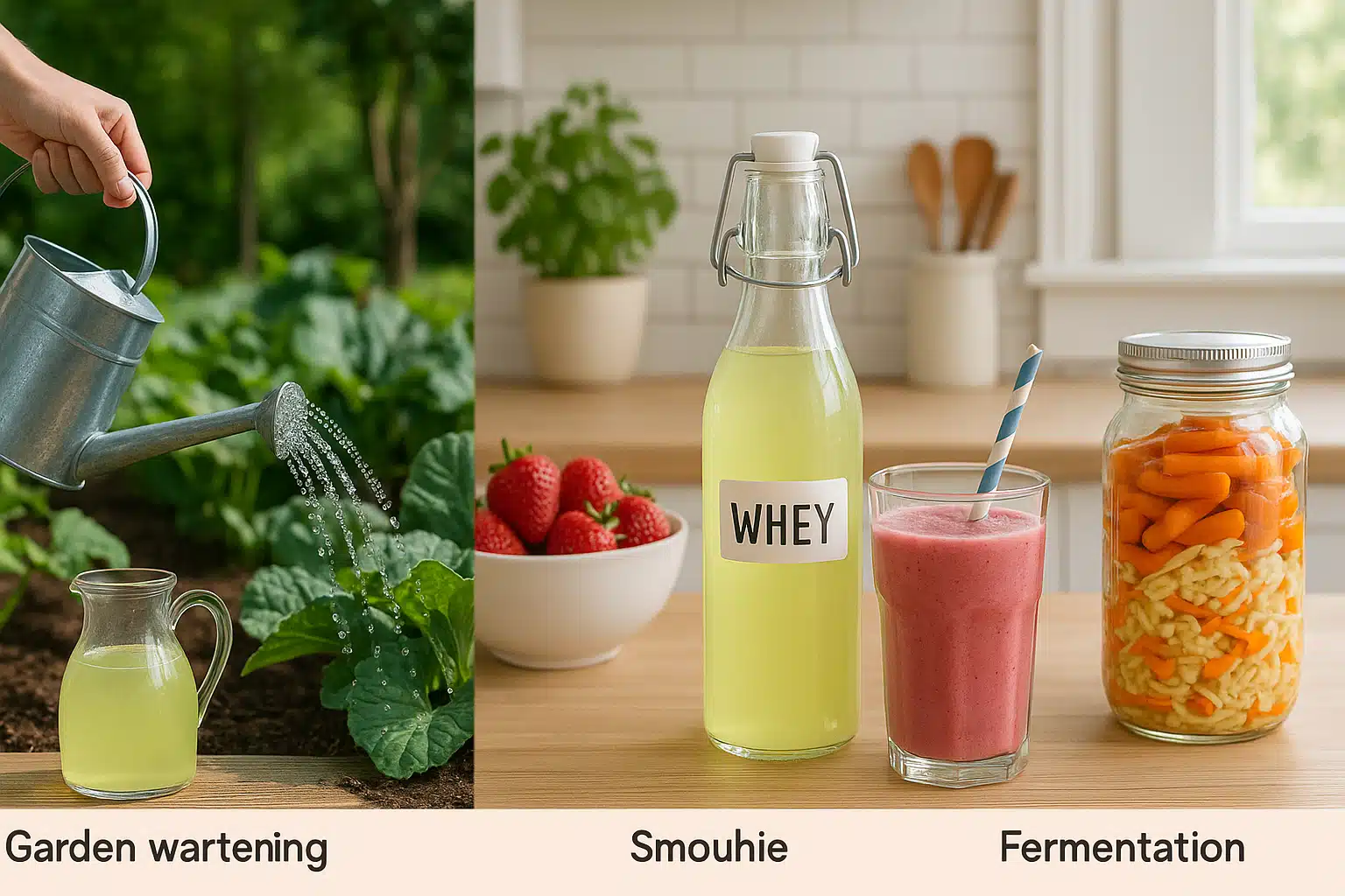 Various uses of liquid whey displayed including garden watering, smoothie preparation, and fermentation jars, bright organized kitchen and garden setting, sustainable living concept