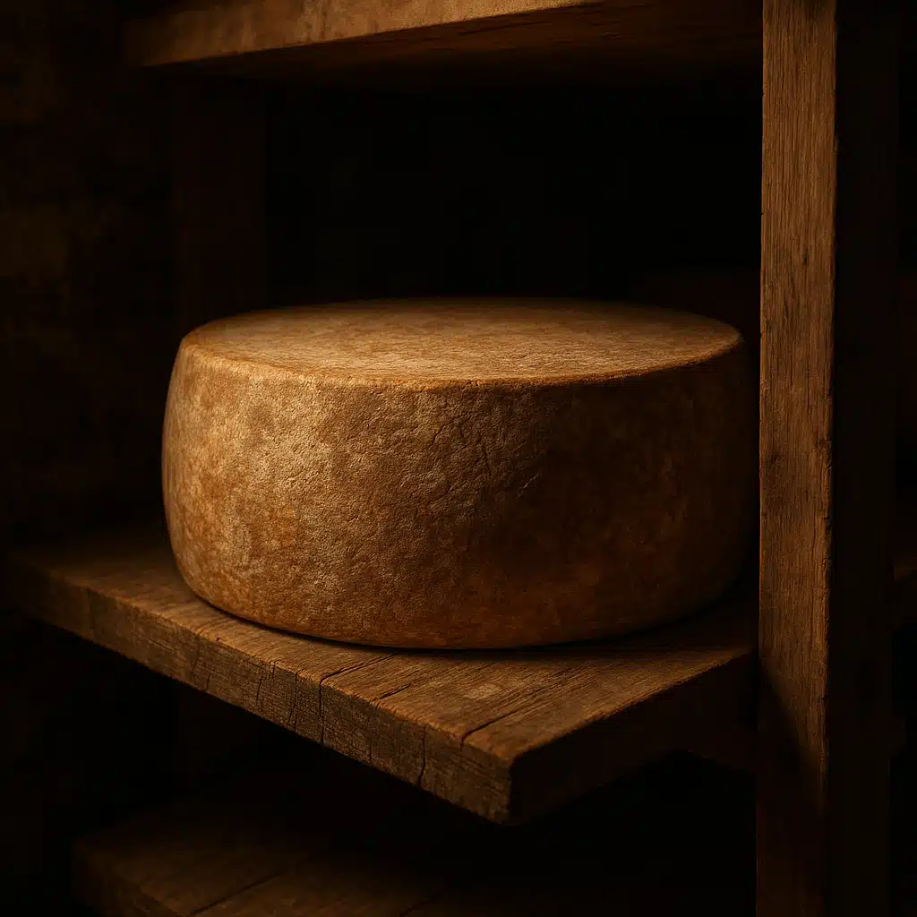Large wheel of aged alpine-style cheese with natural rind on wooden aging shelf in cheese cave, showing traditional cheese making craftsmanship, atmospheric lighting