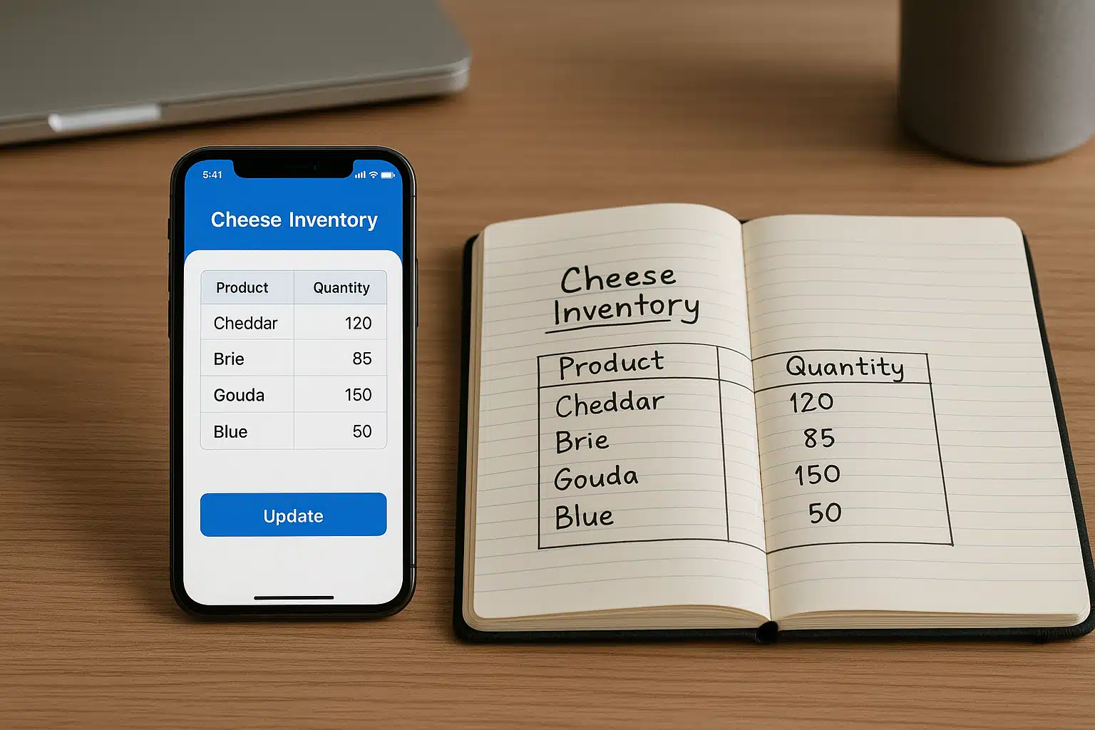 Side-by-side view of smartphone with tracking app and open notebook, both showing cheese inventory data, modern workspace setting, seamless integration of traditional and digital methods