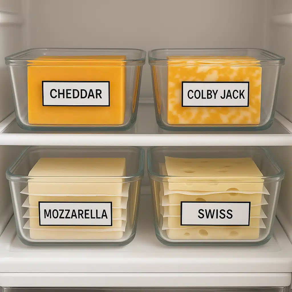 An organized refrigerator shelf showing glass containers with labeled homemade cheese blocks, some whole and some pre-sliced with parchment paper between slices, clean and practical food storage presentation