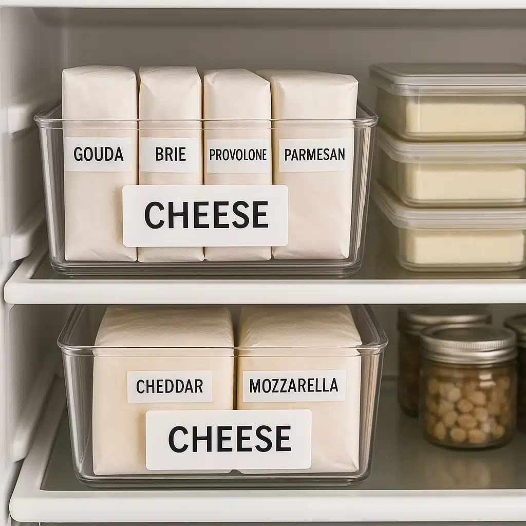 Organized refrigerator cheese storage system showing labeled wrapped cheeses in dedicated containers, clear organization, professional home kitchen setup, clean and efficient arrangement