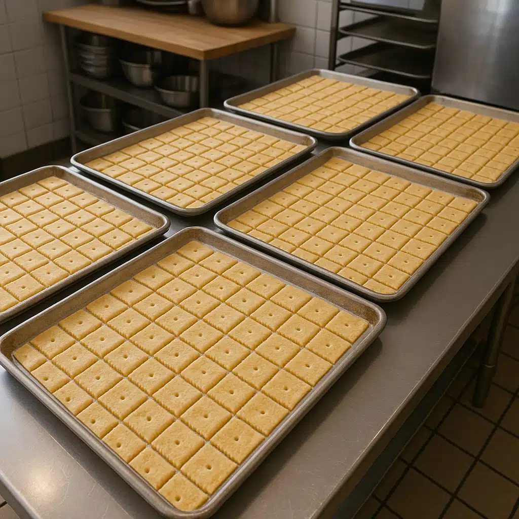 Multiple baking sheets filled with unbaked cheese cracker squares ready for the oven, showing large-scale production preparation, organized kitchen workspace