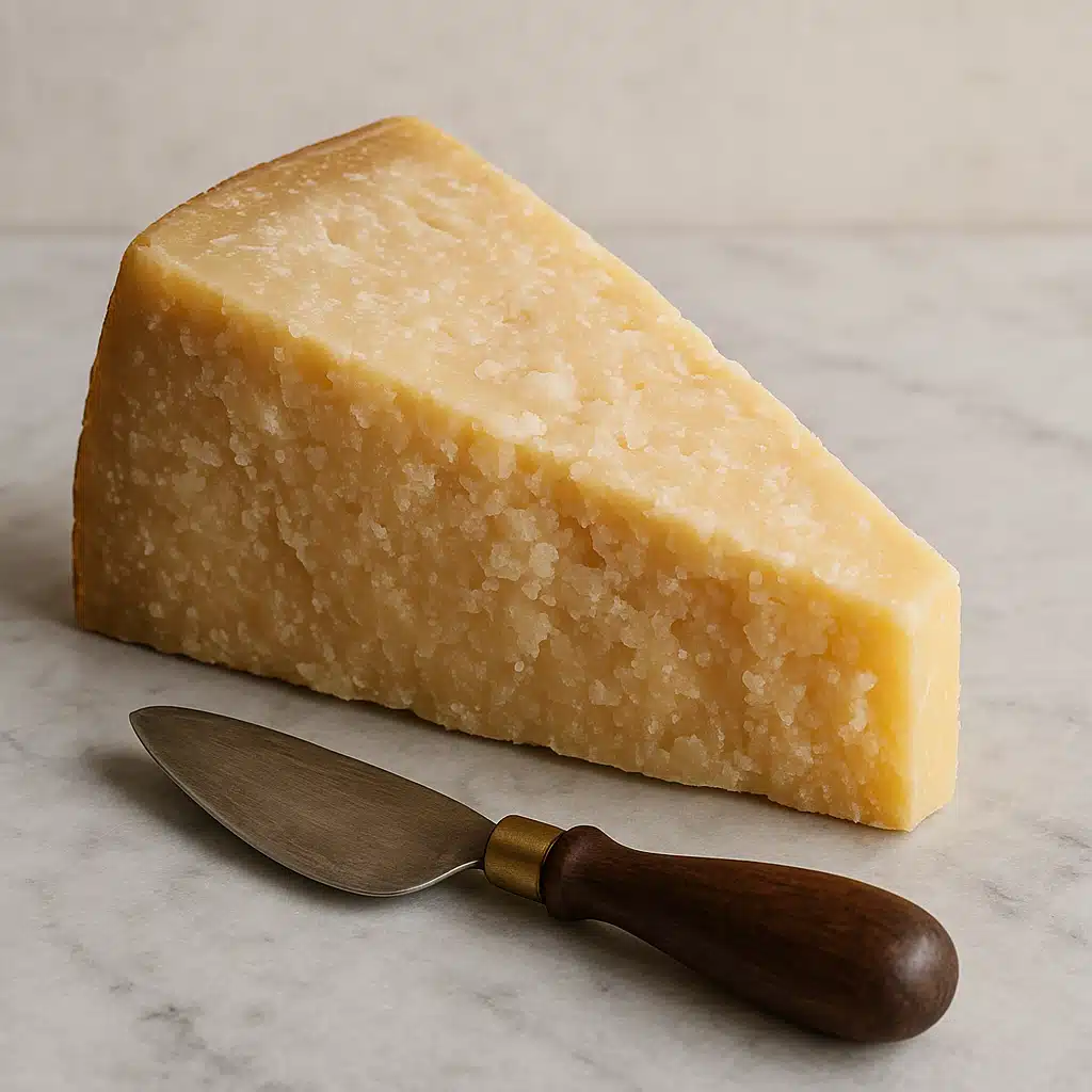 Wedge of hard aged parmesan-style cheese showing crystalline texture and granular structure, placed on marble surface with cheese knife, elegant product photography style