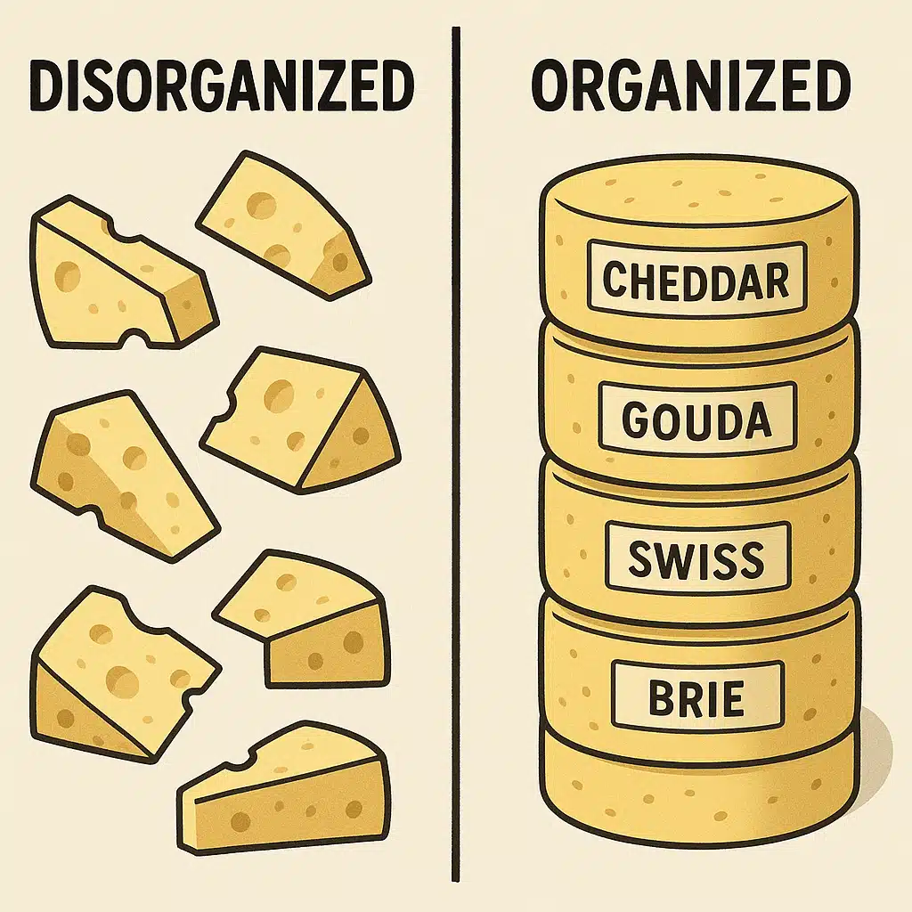 Comparison image showing disorganized cheese storage versus well-organized labeled cheese wheels, educational illustration, clear contrast between chaotic and systematic approaches