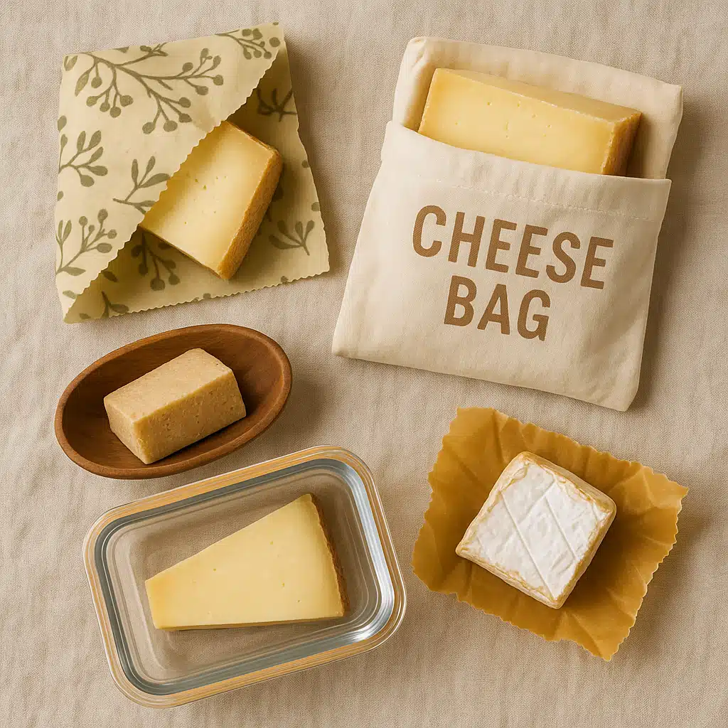 Variety of sustainable cheese storage solutions including beeswax wraps, reusable containers, and specialty cheese bags, eco-friendly kitchen organization, natural materials, earth-tone color palette