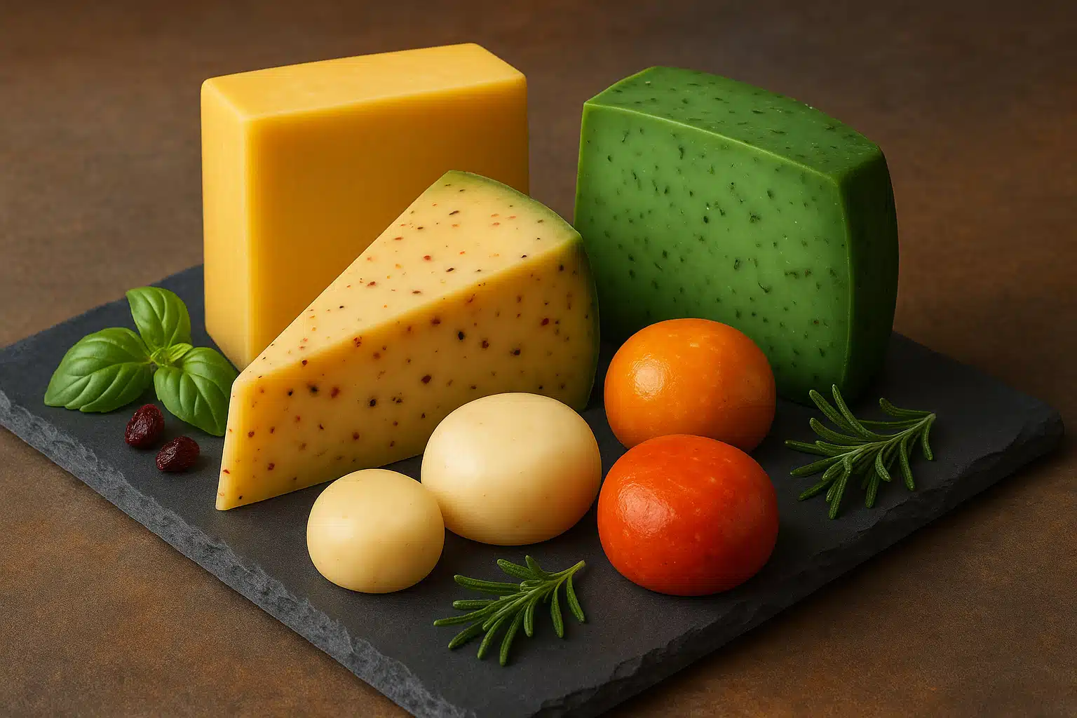 An artful arrangement of different cheese variations including standard golden block, herb-flecked green version, speckled pepper jack style, and individual round portions in various colors, elegant food presentation on slate board with garnishes