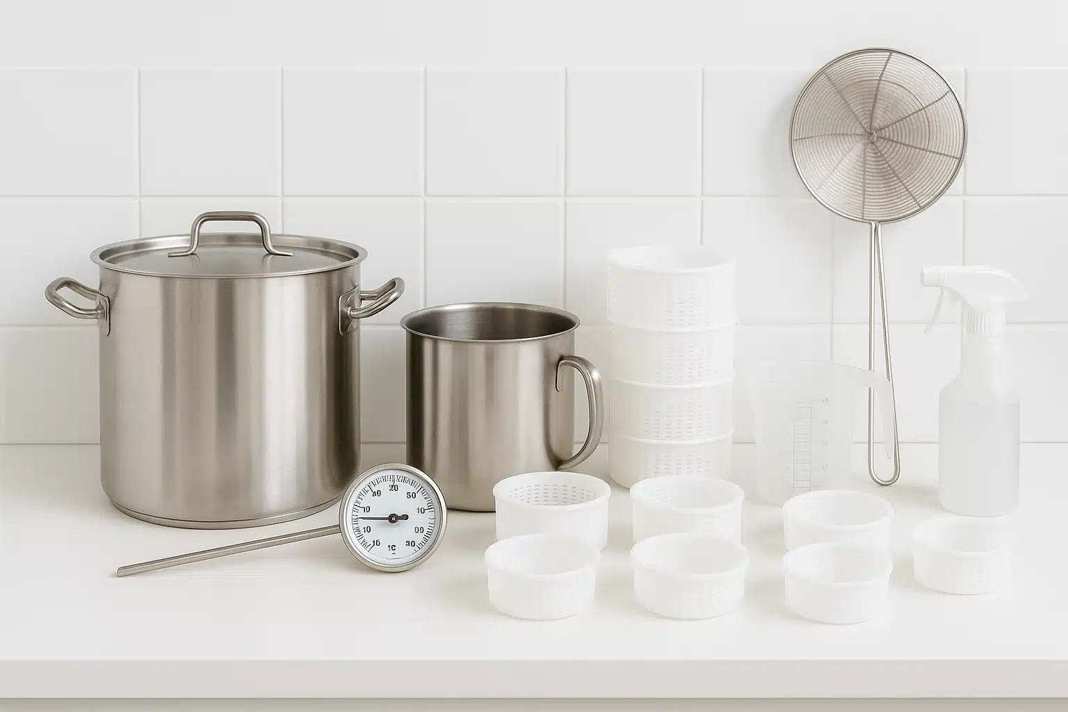 Clean and organized cheese making workspace with sanitized stainless steel equipment, thermometer, molds and supplies neatly arranged on white counter, bright and hygienic environment