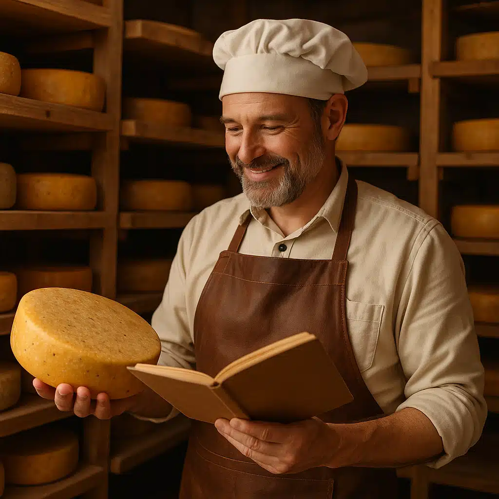 Satisfied cheese maker reviewing organized records while examining perfectly aged cheese wheel, professional artisan workspace, achievement and quality craftsmanship theme, warm inviting atmosphere