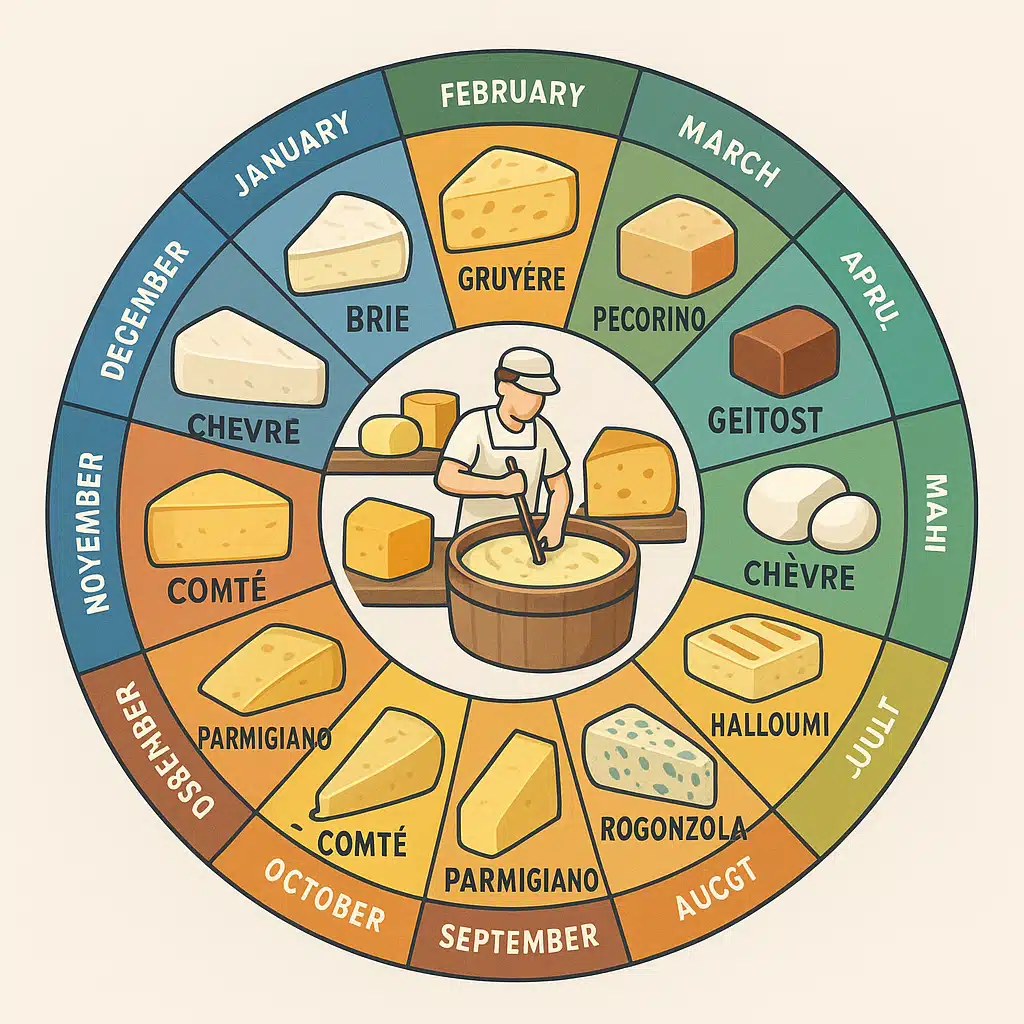 Seasonal wheel diagram showing twelve months with different cheese varieties arranged around a central cheese-making theme, colorful and educational infographic style, clean professional design